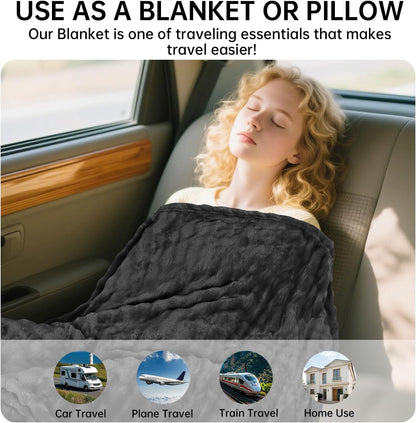 Travel Blanket and Pillow-2-in-1, Ultra-Soft&Compact, One-Piece Airplane Blanket with Hand Luggage Belt and Backpack Clip,Travelers Accessories Gifts, 61x43 Inches (Blue)