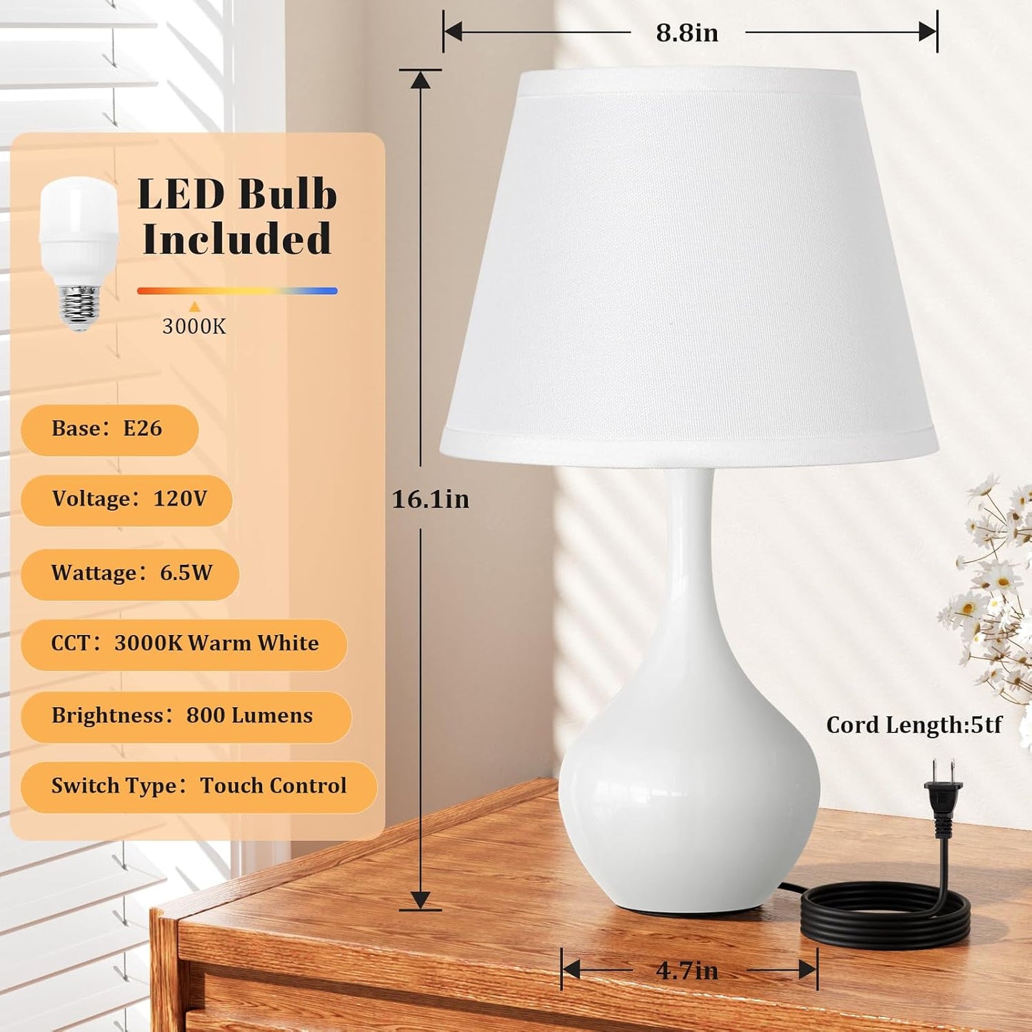 Seealle 16.1" Touch Table Lamps for Nightstand, 3-Way Dimmable Small Bedroom Lamps for Night Stands, Black Bedside Lamps for Living Room, Kids Room, End Table