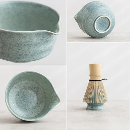 Matcha Set, Japanese Tea Set Includes Matcha Bowl with Spout, Matcha Whisk Holder, Bamboo Matcha Whisk and Bamboo Scoop, 17 oz Mottled Green Glaze Ceramic Matcha Kit for Tea Lovers