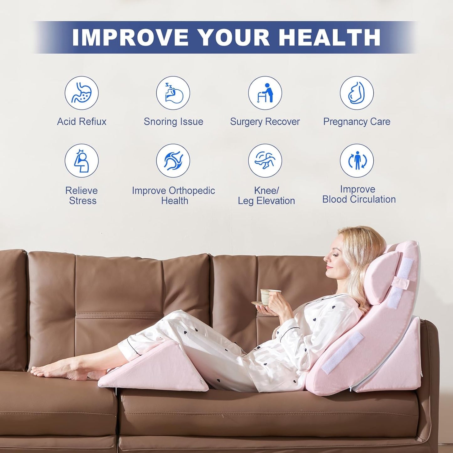 4PCS Orthopedic Bed Wedge Pillow Set for Sleeping, Post Surgery Foam Support Pillows for Back, Neck and Leg Pain Relief, Adjustable Triangle Pillow – Acid Reflux, GERD & Snoring Recovery, White Grey