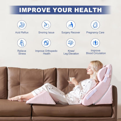 4PCS Orthopedic Bed Wedge Pillow Set for Sleeping, Post Surgery Foam Support Pillows for Back, Neck and Leg Pain Relief, Adjustable Triangle Pillow – Acid Reflux, GERD & Snoring Recovery, White Grey