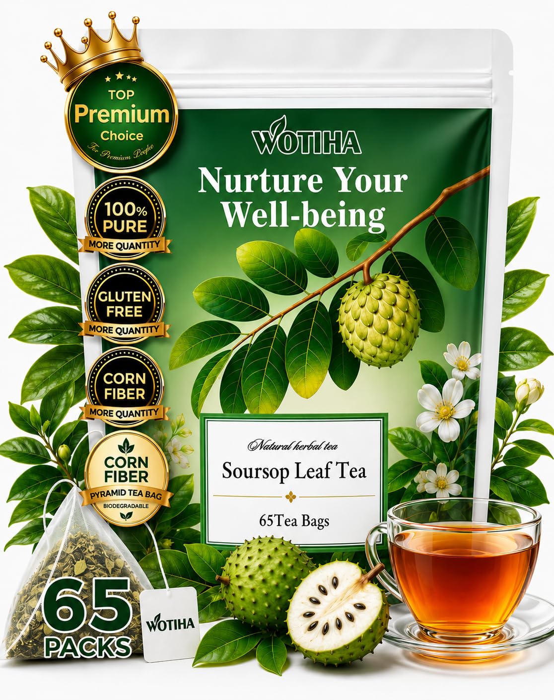 WOTIHA Premium Soursop Tea Bags (65 Count) - 100% Natural Graviola Leaves Made With Corn Fiber Tea Bag Food-Grade Biodegradable Herbal Tea - Sugar/Caffeine/Gluten Free Hoja Guanabana