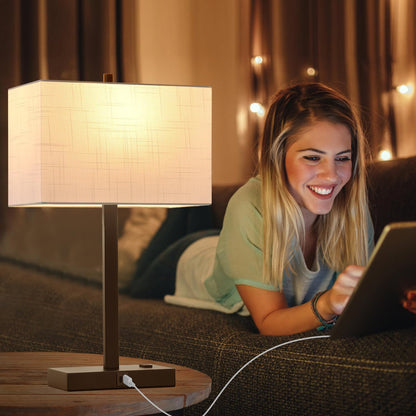 21" Touch Bedside lamps with 2 USB & AC Outlets, 3-Way Dimmable Bedside Table Lamps Set of 2 for Bedroom Living Room Office Reading, Gray Shade Lamps for Night Stands, 5000K LED Bulbs Included