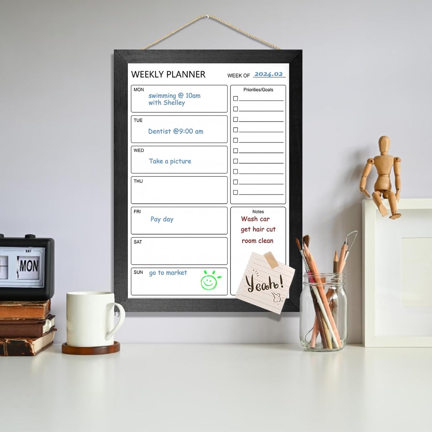 Dry Erase White Board Weekly Calendar Board, Magnetic Whiteboard for Wall,10.6“x14.7 Solid Wood Rustic Brown Framed Message Board, Planner Board for Office, Home, Schooll(Weekly-BB-RB-2737)