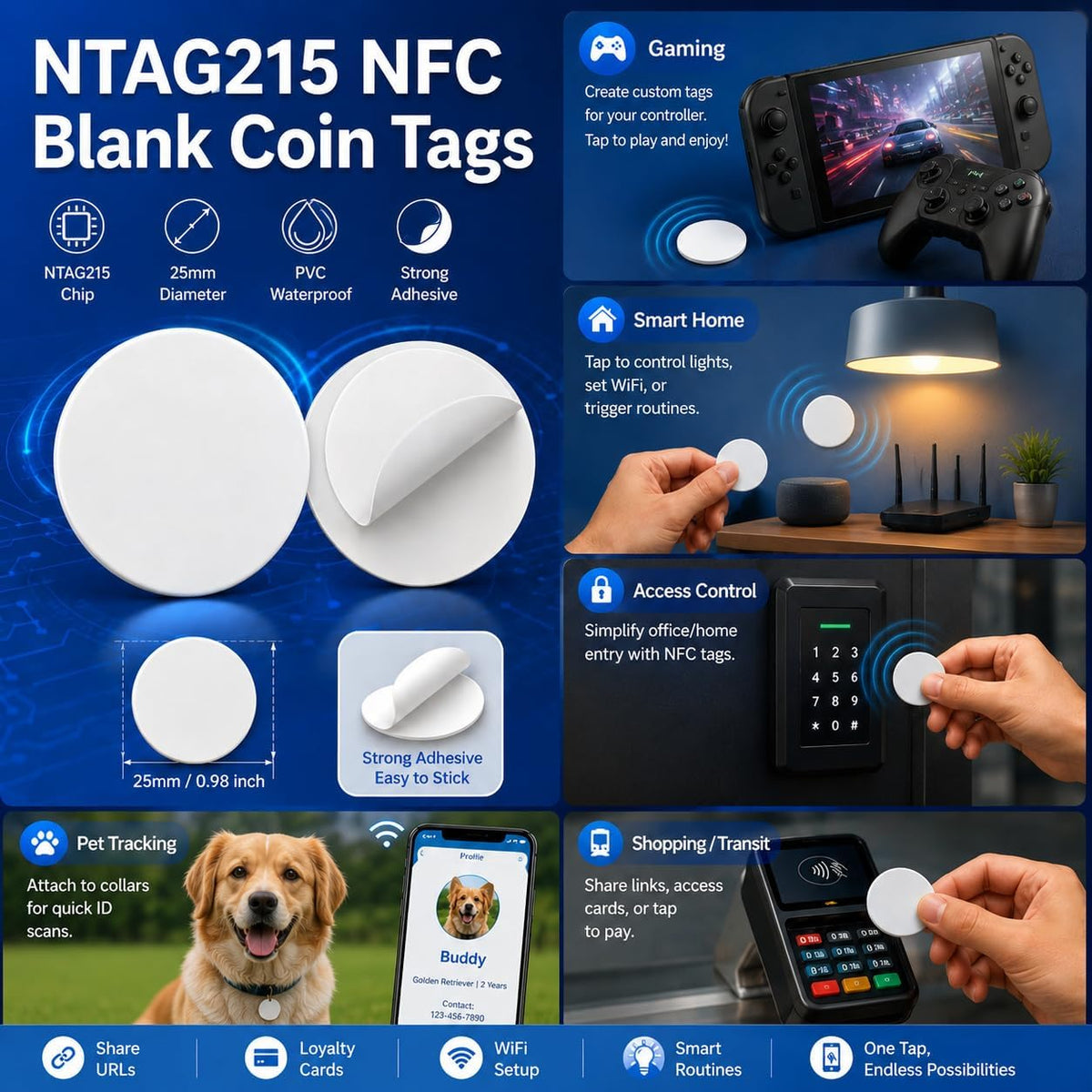 NTAG215 Blank NFC Coin Tags, 25mm Round Programmable 504 Bytes