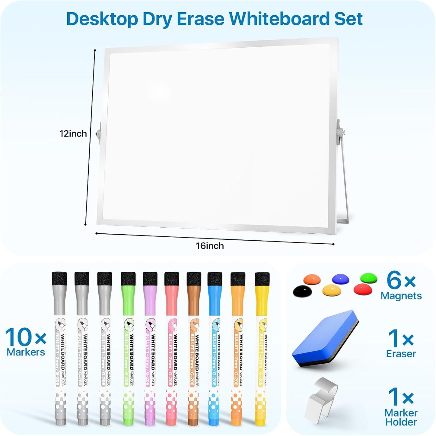 Marsrock Dry Erase White Board with Stand,Double-Sided Weekly Whiteboard 16"x12",10 Markers,6 Magnets,1 Eraser,Portable Desktop Whiteboard for Planning,Weekly Schedule Board for Office
