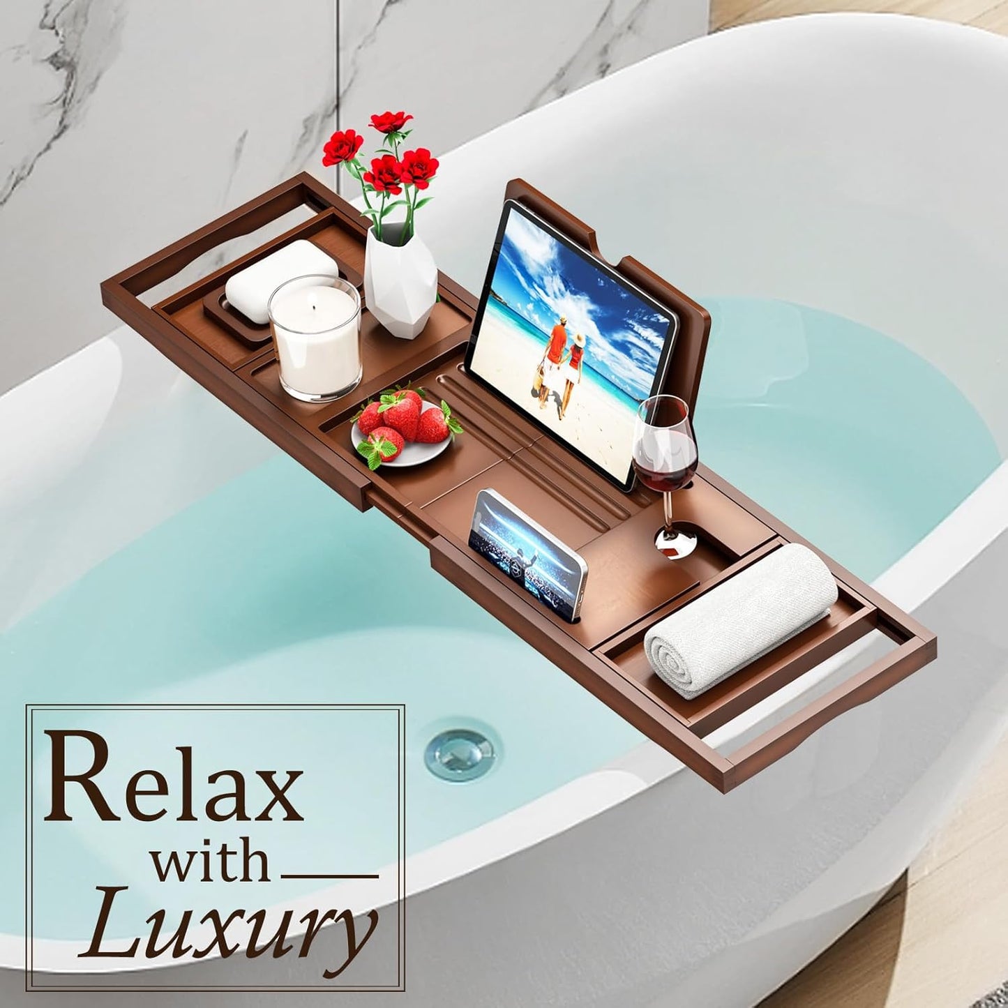 Premium Bamboo Bathtub Tray Caddy - Bath Tub Tray Table for Bathtub - Bath Caddy Tray for Bathtub, Expandable Size, Fits Most Bath Tubs