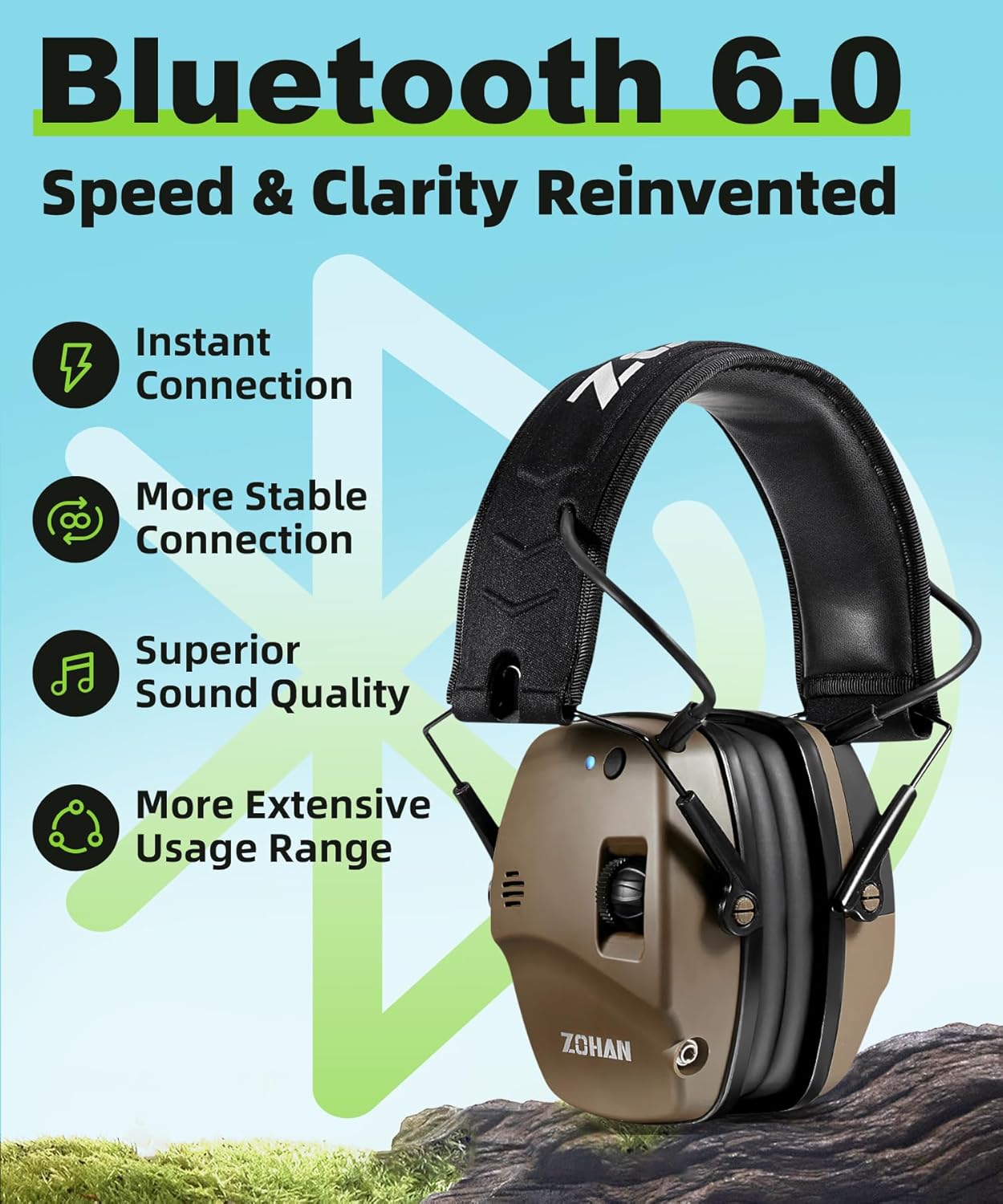 ZOHAN 035 Bluetooth 6.0 Shooting Ear Protection Earmuff, Active Noise Canceling, Hearing Protection with Sound Amplification (Green Bluetooth)