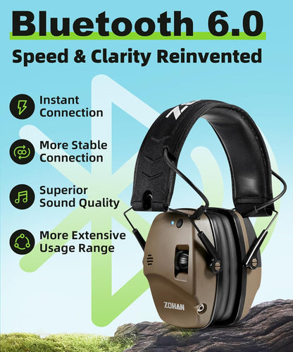 ZOHAN 035 Bluetooth 6.0 Shooting Ear Protection Earmuff, Active Noise Canceling, Hearing Protection with Sound Amplification (Green Bluetooth)