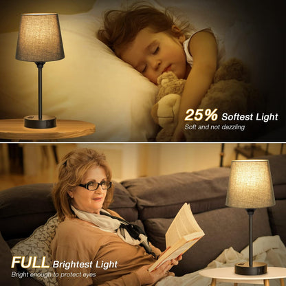 Mini Bedside Lamps for Bedrooms Set of 2 - Nightstand Bedroom Lamps with USB C Port and AC Outlet Charging, Dimmable Touch Small Bed Side Table Lamp, Black Night Stand Light for Kids/Guest Room