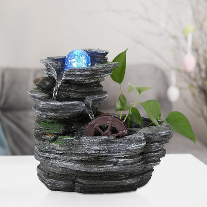 Tabletop Water Fountain, Resin Water Wheel, LED Light,Soothing Sound