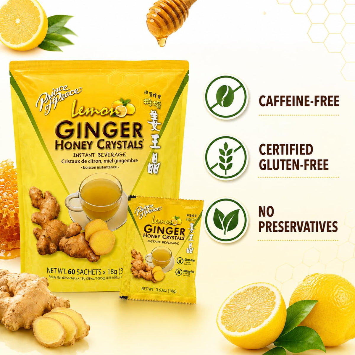 Prince of Peace Instant Ginger Honey Crystals with Lemon, 60 Sachets – Instant Hot or Cold Beverage – Easy to Brew – Drink Like a Tea – Caffeine and Gluten Free – Real Ginger