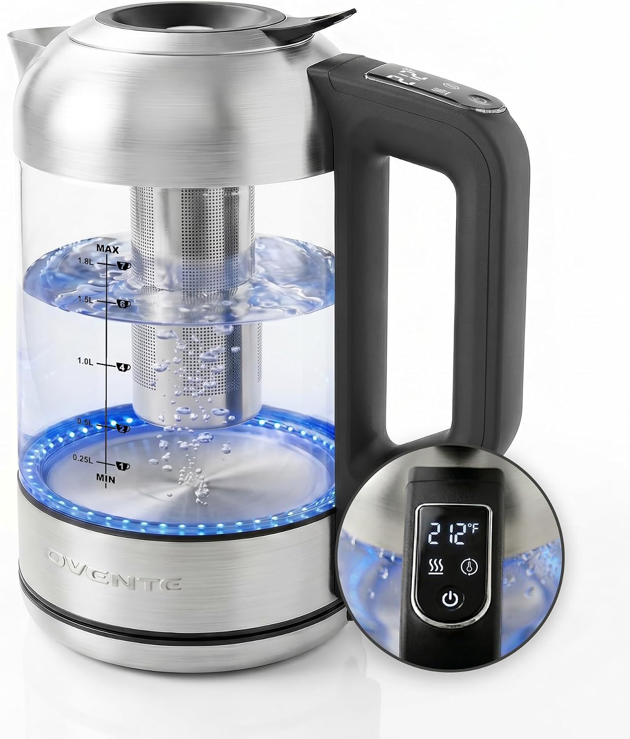 OVENTE Digital Glass Electric Kettle with Temperature Control, 1.8L Cordless Electric Tea Kettle with 7 Presets, Water Boiler Electric Pot, Keep Warm Function, Auto Shut-Off, Silver KGD752S