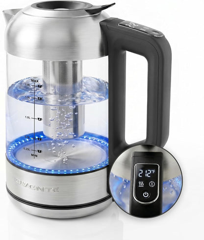 OVENTE Digital Glass Electric Kettle with Temperature Control, 1.8L Cordless Electric Tea Kettle with 7 Presets, Water Boiler Electric Pot, Keep Warm Function, Auto Shut-Off, Silver KGD752S
