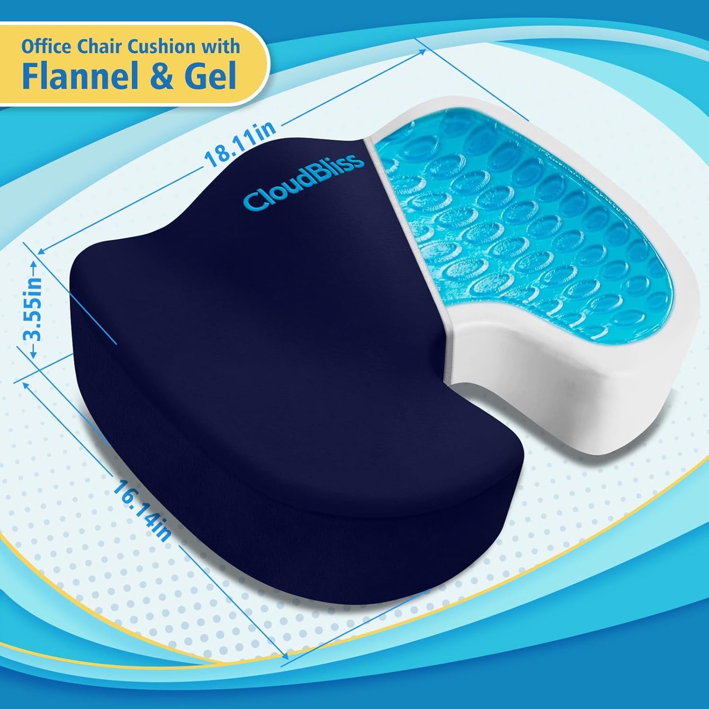 CloudBliss Gel Seat Cushion - Cooling Gel Enhanced Memory Foam Ergonomic Seat Cushion for Long Sitting for Office, Game, Car, Automotive, Airplane (Large, Black)
