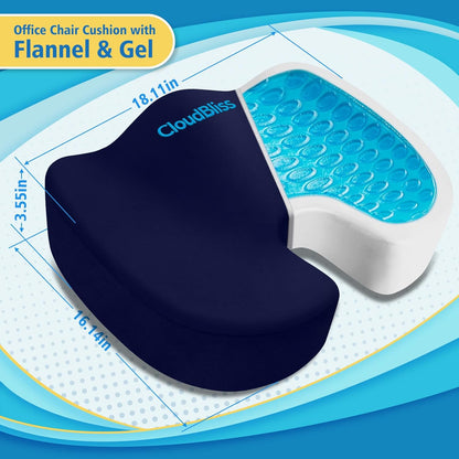 CloudBliss Gel Seat Cushion - Cooling Gel Enhanced Memory Foam Ergonomic Seat Cushion for Long Sitting for Office, Game, Car, Automotive, Airplane (Large, Black)