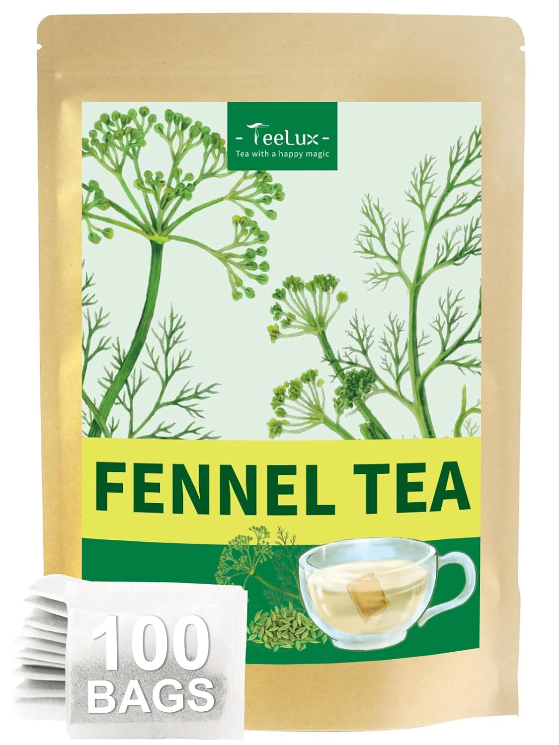 TeeLux Fennel Tea Bags, Natural Fennel Seed Tea, Caffeine Free, 100 Count