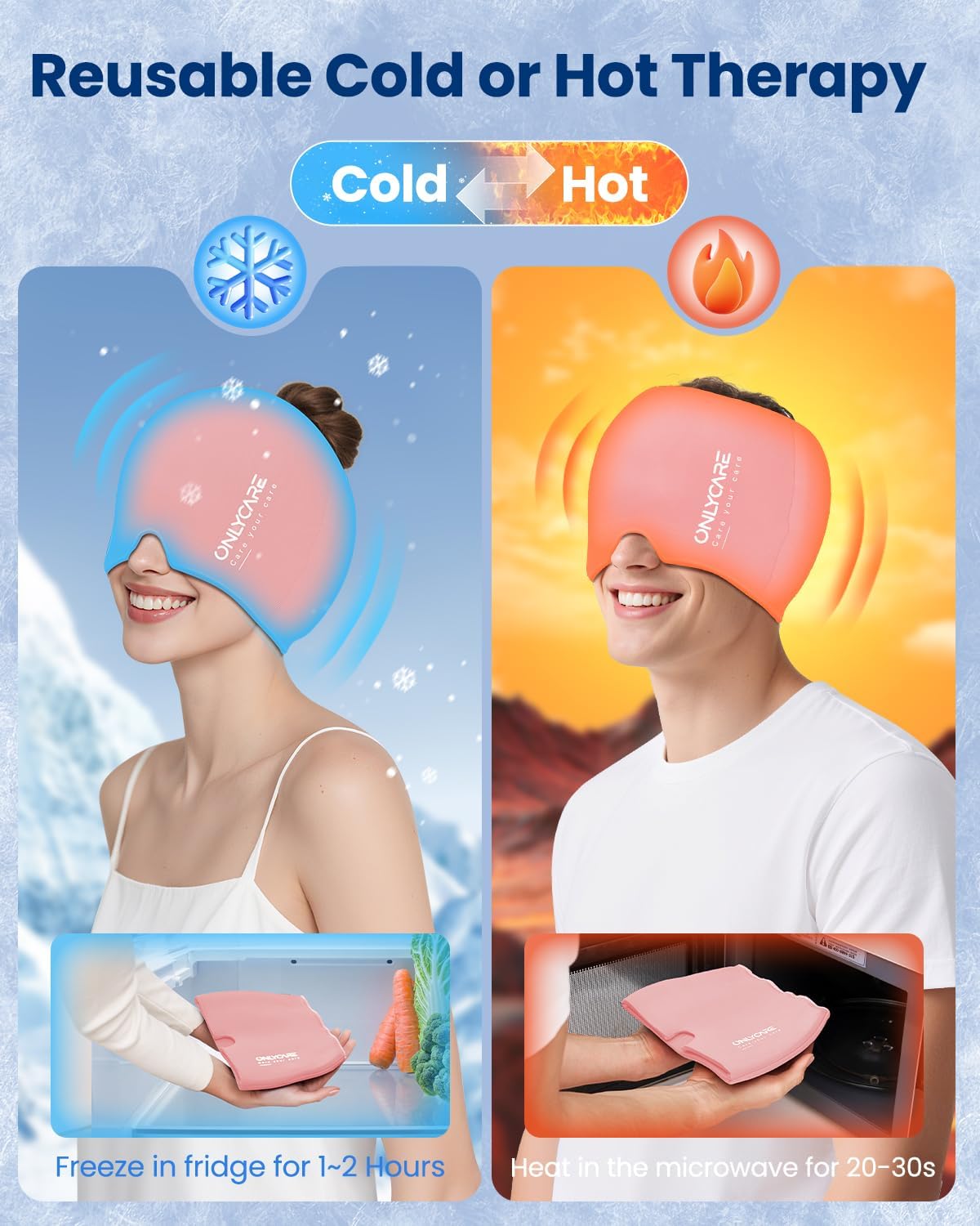 ONLYCARE Migraine Relief Cap, Upgraded Headache Relief Cap with Odorless Reusable Gel Head Wrap, Soothing Face Ice Pack Mask Products with Hot & Cold Therapy for Tension, Stress, Hangover & Puffy Eyes