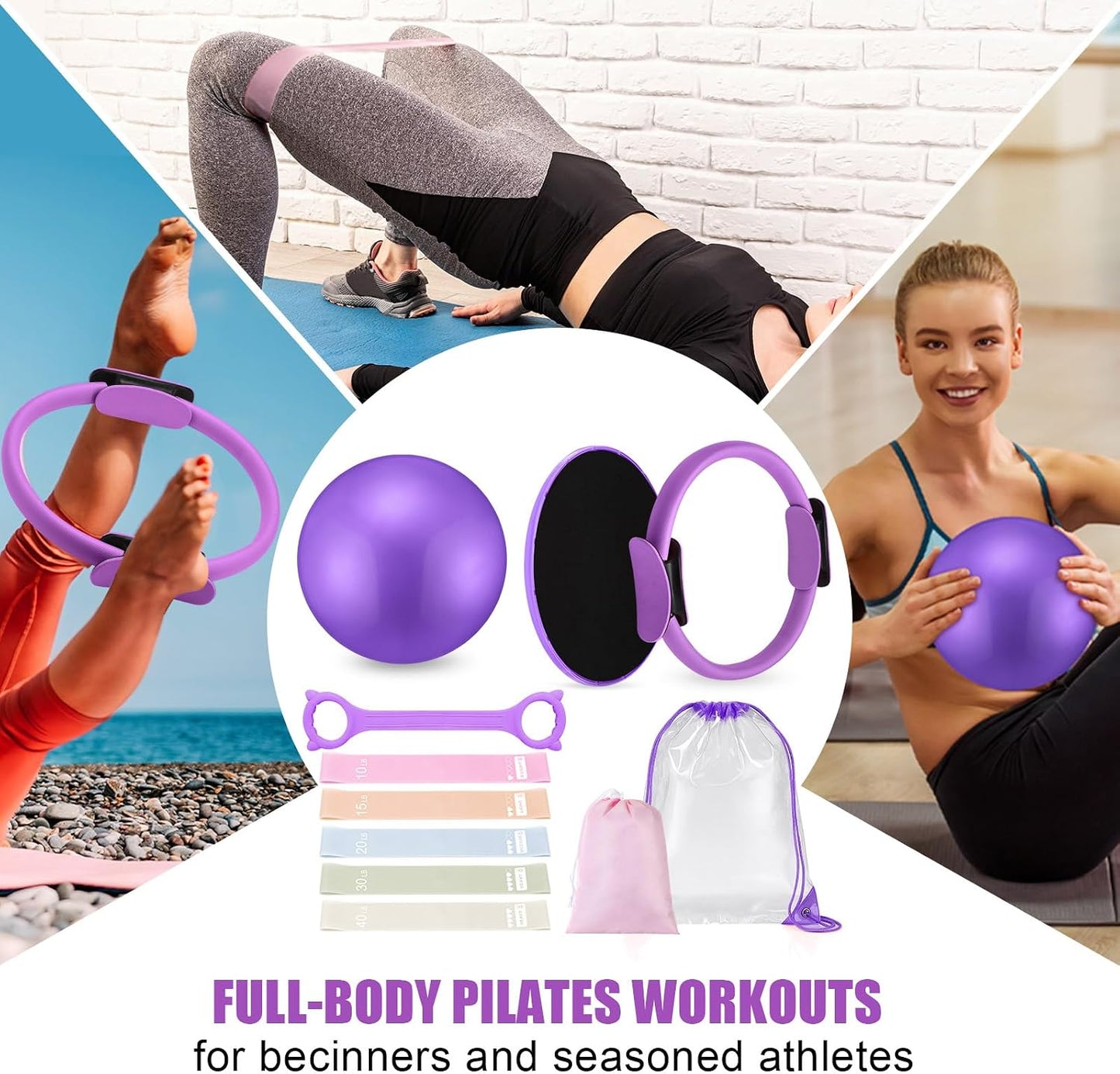 Silipull Pilates Ring Set for Women Exercise Equipment with 9 Inch Yoga Ball, Figure 8 Resistance Band, Sliding Disks, Yoga Bands Accessories Pilates Ring and Ball Set for Beginners Home Workouts