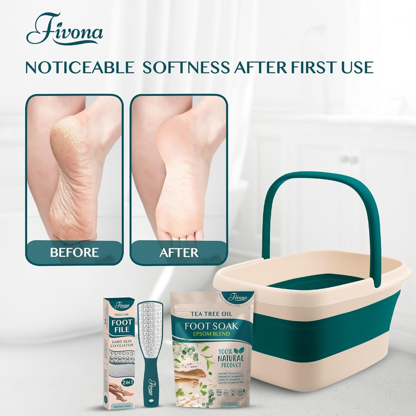 Fivona Tea Tree Foot Soak Blend 14.1 oz - Epsom Salt with Essential Oils for Healthy Toenails, Soothing Relief, Callus Softening - Pedicure Therapy for Soft, Rejuvenated Feet