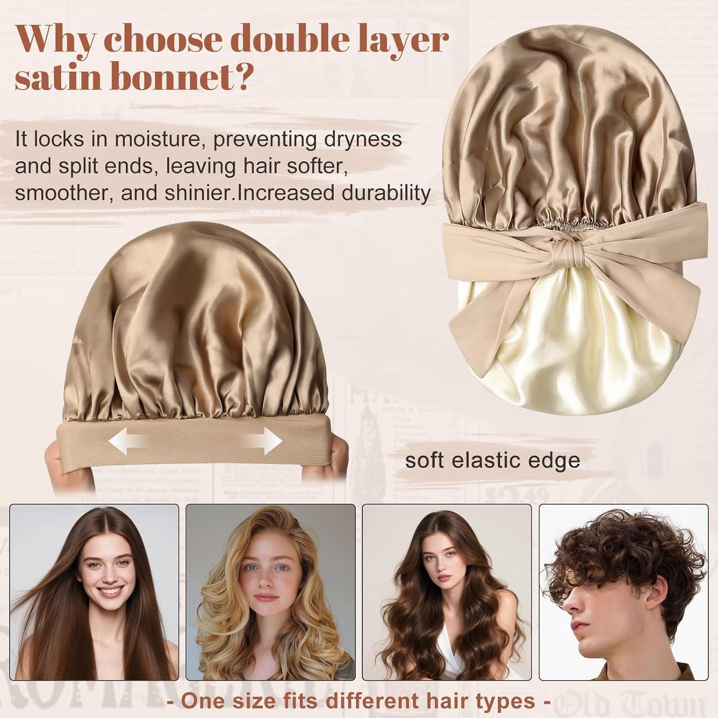 Satin Bonnet for Sleeping Cap Double Layer Hair Bonnet with Elastic Tie Band for Curly Hair Night Cap (Bean Paste + Pink)