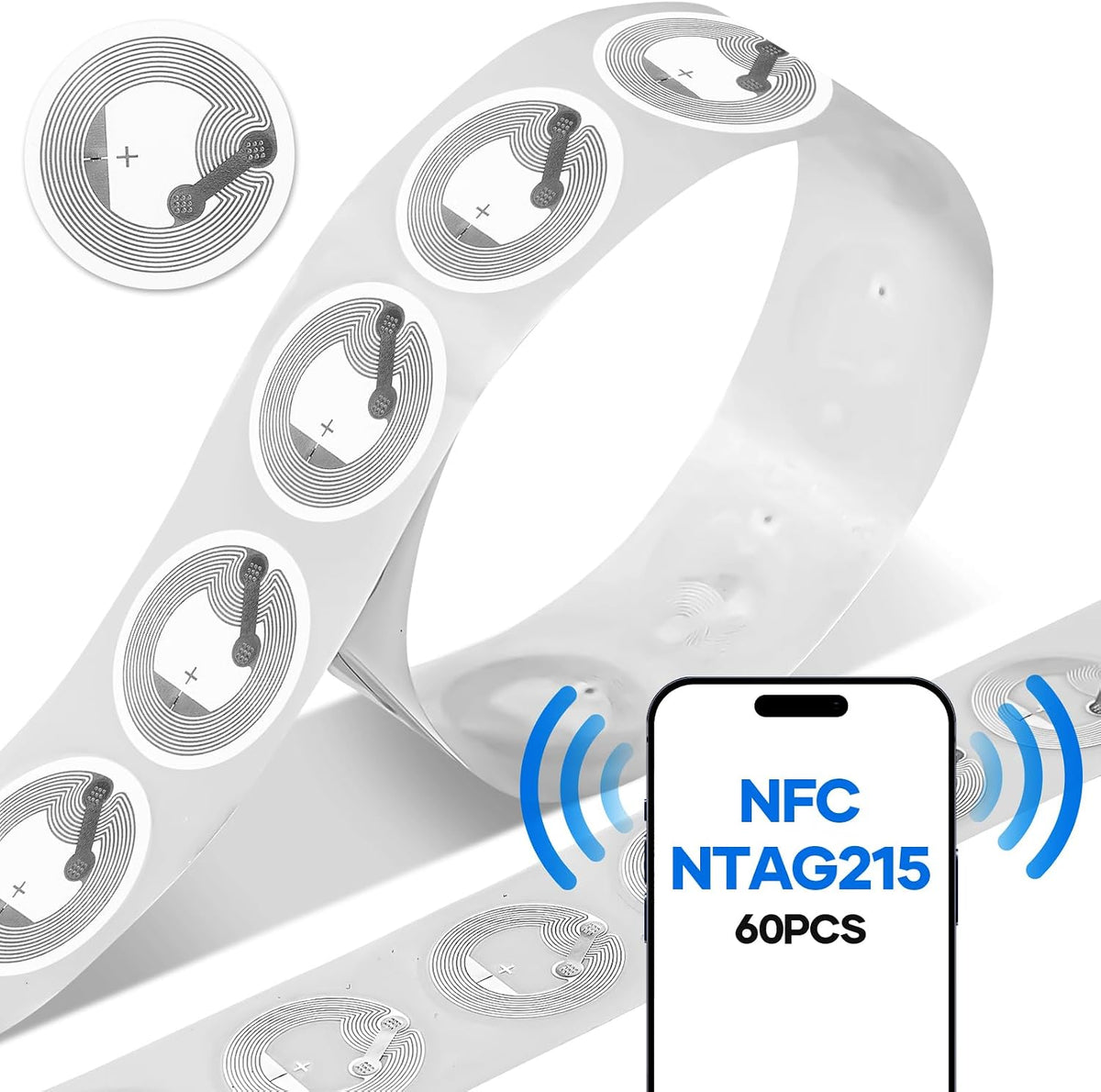 NFC Stickers 60 Pcs, NTAG215 Tags, Waterproof Rewritable NFC Tags