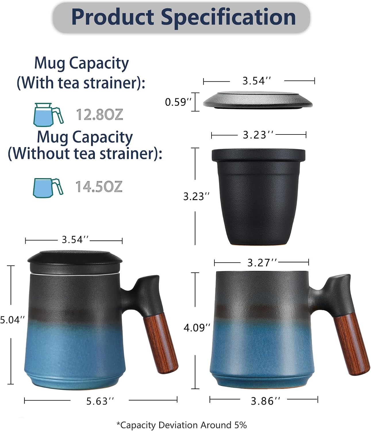 ZENS Embossed Ceramic Tea Mug with Infuser and Lid, 14.5 oz Wooden Handle, Loose Leaf Tea Steeper Cup & Strainer for Tea Lovers Gifts