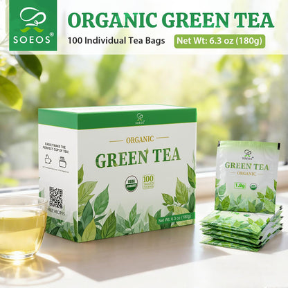 Soeos Organic Green Tea, 6.3 oz (180g), 100 Tea Bags, Refreshing and Fragrant, Sustainably Sourced, Ideal for Hot or Iced Tea, Long-Lasting Freshness