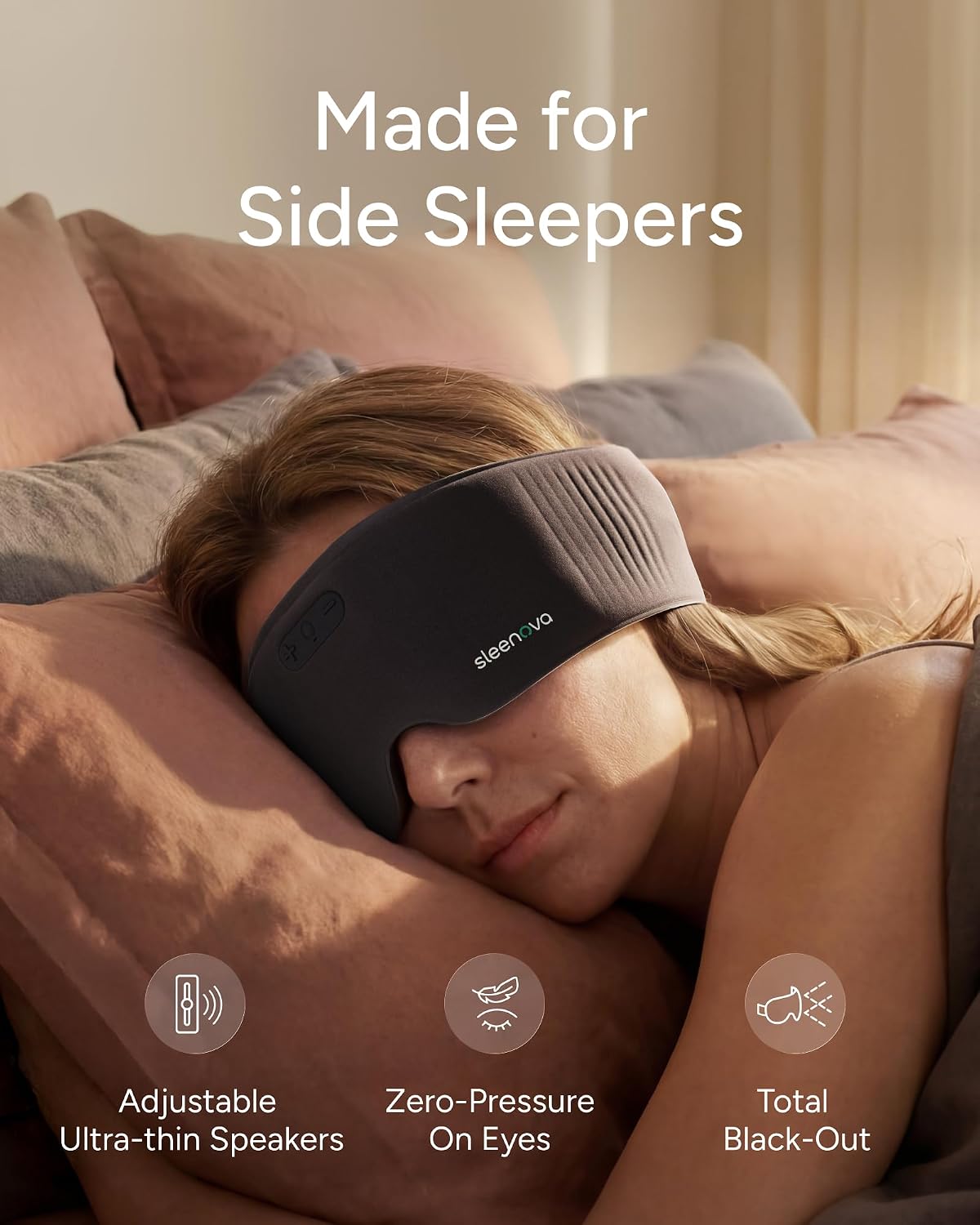 Sleenova Sleep Eye Mask with Bluetooth Headphones - Side Sleeper Optimized with Integrated Offline Audio for Phone-Free Use - 3 Modes for Rest, Nap and Travel - Black