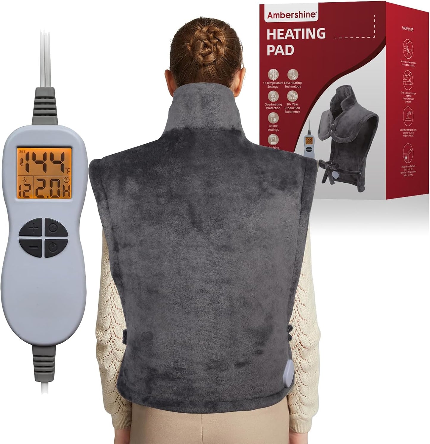 Ambershine 17''x33'' XXXL King Size Heating Pad with 12 Temperature Settings & 4 Auto-Off Countdown Timers, Pain Relief for Back/Neck/Shoulders/Abdomen/Legs(Dark Teal)