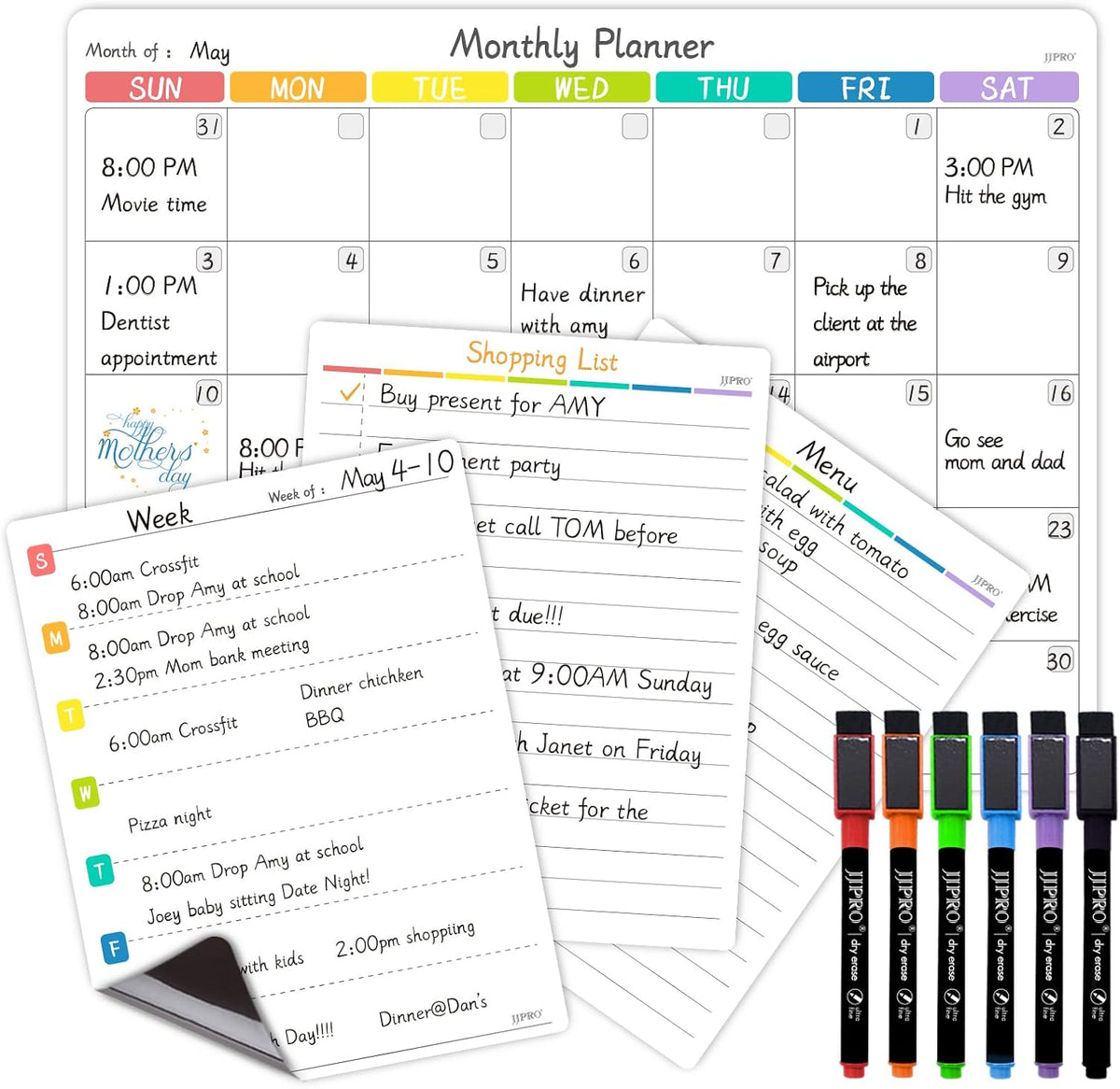 JJPRO Magnetic Monthly Calendar Whiteboard Set for Fridge-Monthly Planning Board and Two Bonus Dry Erase Grocery Board&Weekly Menu Board-Meal Planner Whiteboard/to-Do List-6 Markers