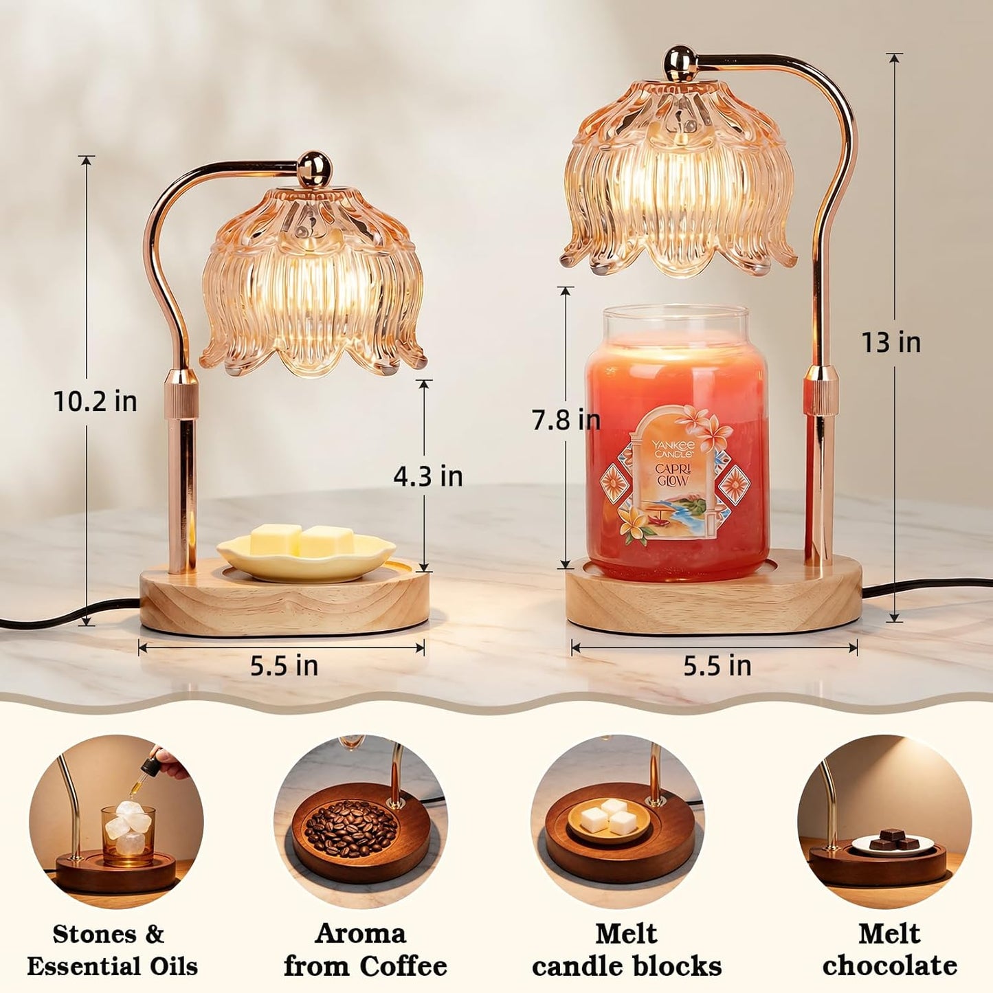 Funistree Flower Candle Warmer Lamp with Timer, Dimmable Candle Lamp Warmer, Christmas Birthday Gifts for Women Mom Her, Housewarming Home Decor, Lotus Wax Warmer for Yankee Candles - Lily Amber