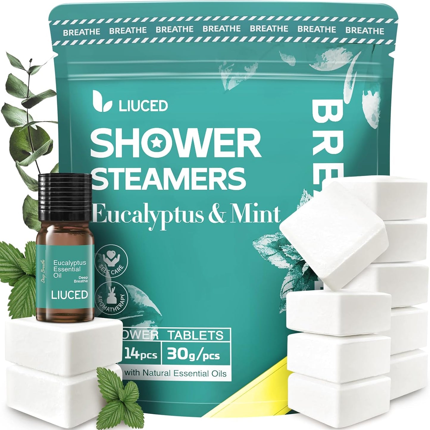 14+1 Shower Steamers - 14 Pack Eucalyptus & Mint Shower Bombs Aromatherapy and 5ml Natural Eucalyptus Essential Oils, Eucalyptus for Shower, Birthday Gifts for Women Mom