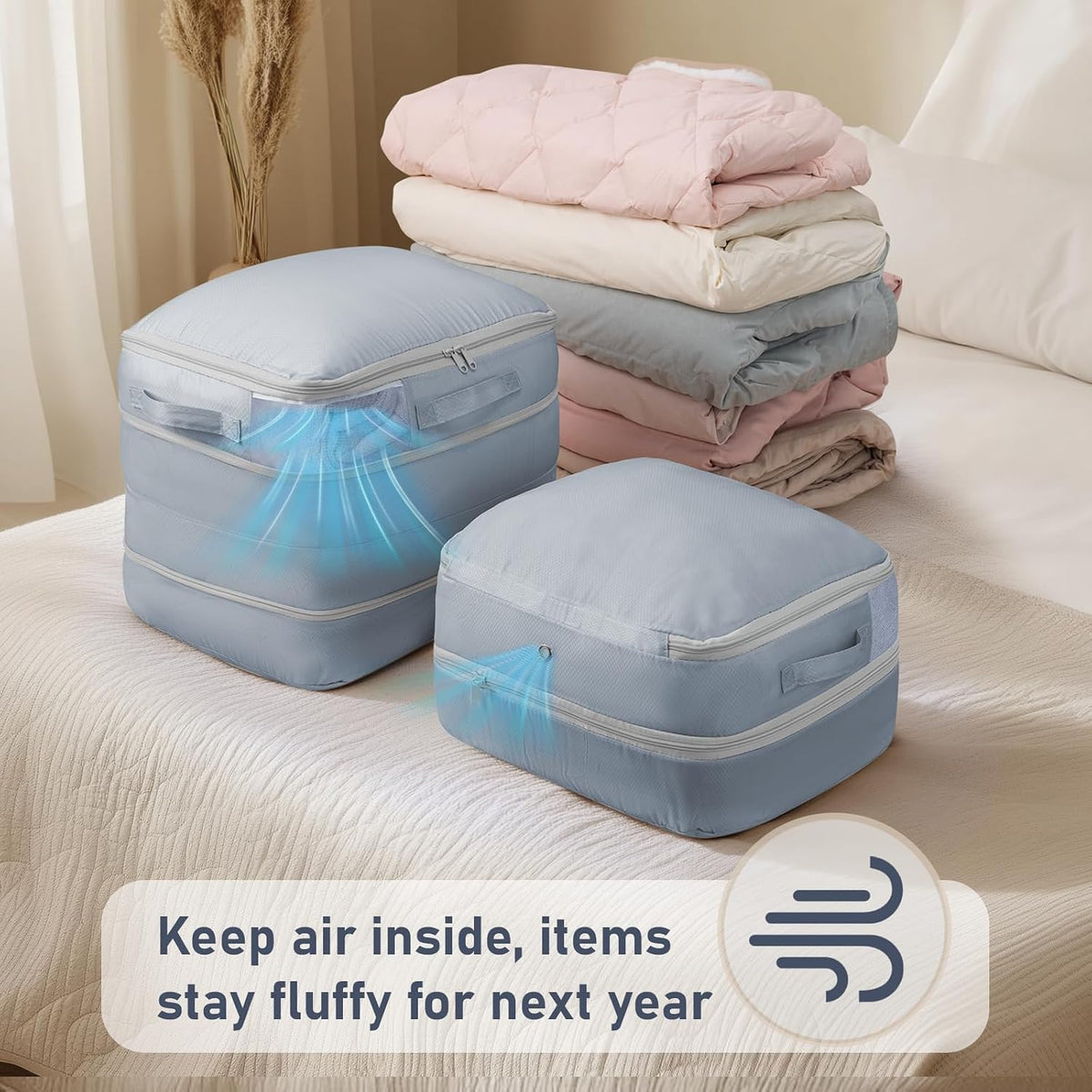 DIMJ Comforter Storage Bag - Blanket Storage Organizer Compression Bags, Large Capacity Ultra Space Saving Self Compression Organize for Bedding, Pillow, Duvet, Sheet Storage with Zipper Window