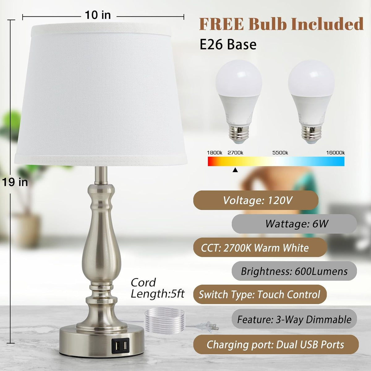 EJIAXIN Lamps for Bedrooms Set of 2, Brushed Nickel Bedside Lamps with USB C+A Ports,Dimmable Nightstand Lamps with Fabric Lampshade, Touch Table Lamp for Living Room Bedroom Office, Bulbs Included