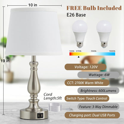 EJIAXIN Lamps for Bedrooms Set of 2, Brushed Nickel Bedside Lamps with USB C+A Ports,Dimmable Nightstand Lamps with Fabric Lampshade, Touch Table Lamp for Living Room Bedroom Office, Bulbs Included