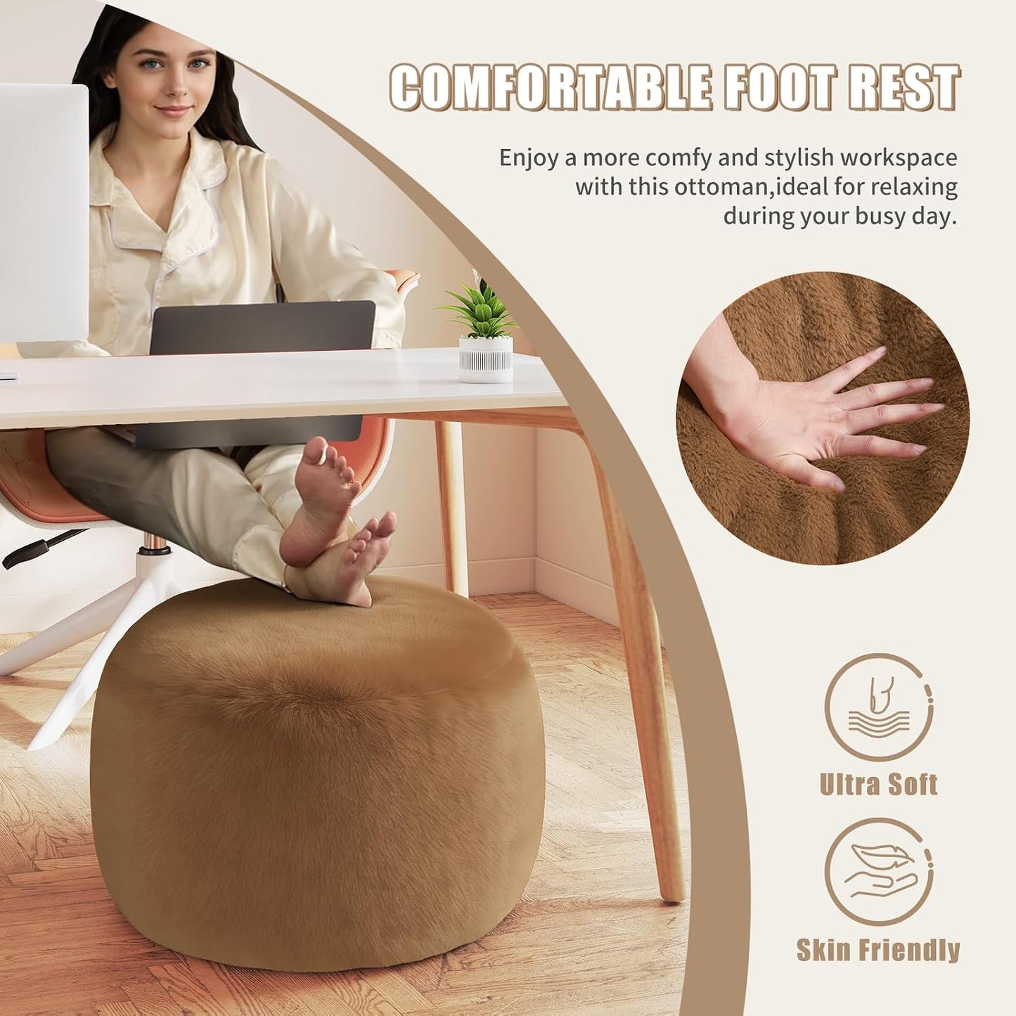 Round Stuffed Pouf Ottoman Foot Rest, Faux Fur Poufs with Memory Foam Filling, Ottomans for Living Room, Nursery, Dorm, Soft Foot Stool Ottoman for Couch, Perfect for Resting Your Feet (Grey, 20 Inch)