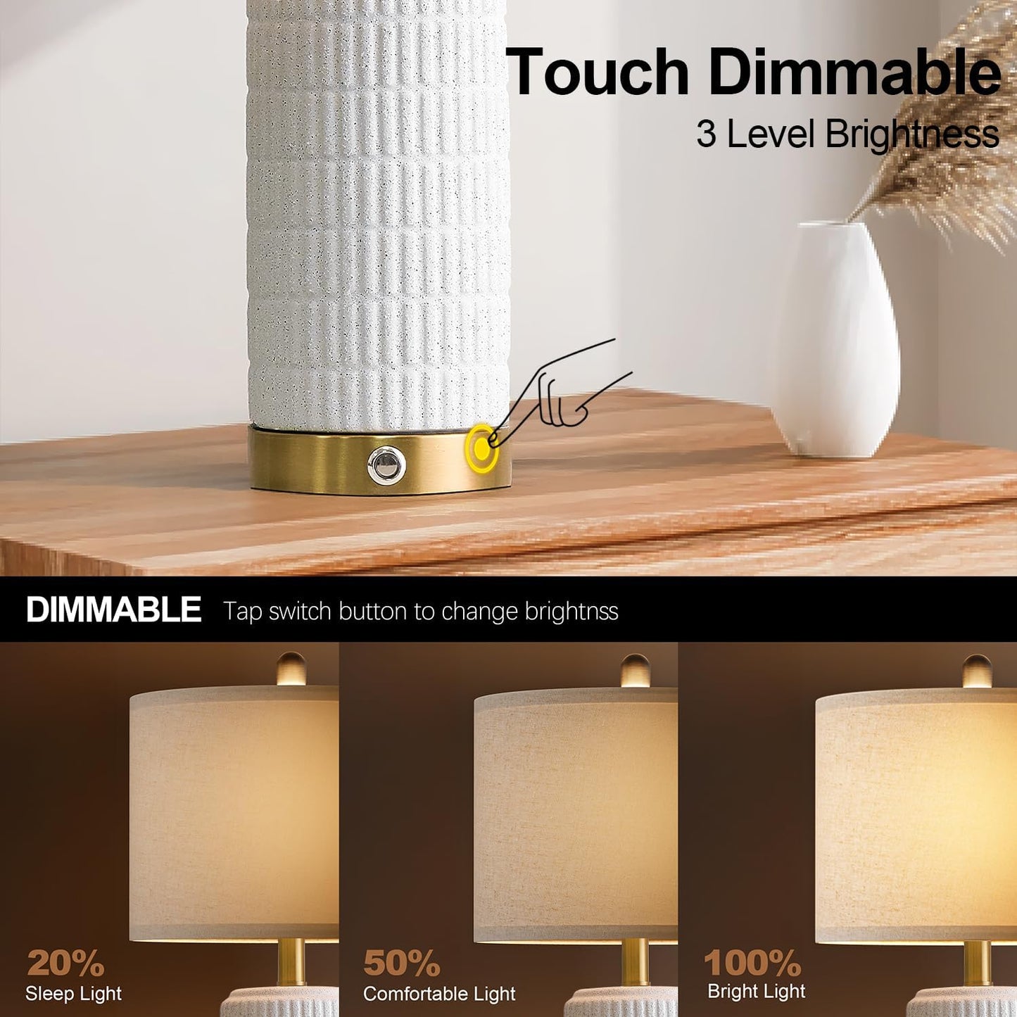 PoKat Touch Bedside Table Lamps with USB Ports for Bedroom Living Room, 25'' Dimmable Nightstand Touch Lamps for Living Room, Modern Ceramic Lamps for Night Stands Bedroom, Office, White and Beige
