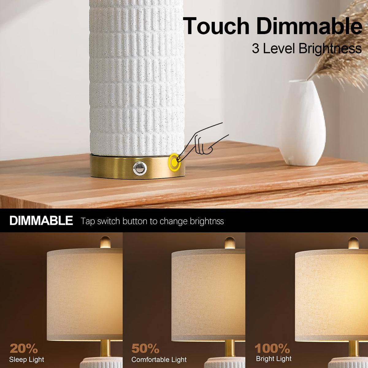 PoKat Touch Bedside Table Lamps with 2 USB for Bedroom Living Room, 25''