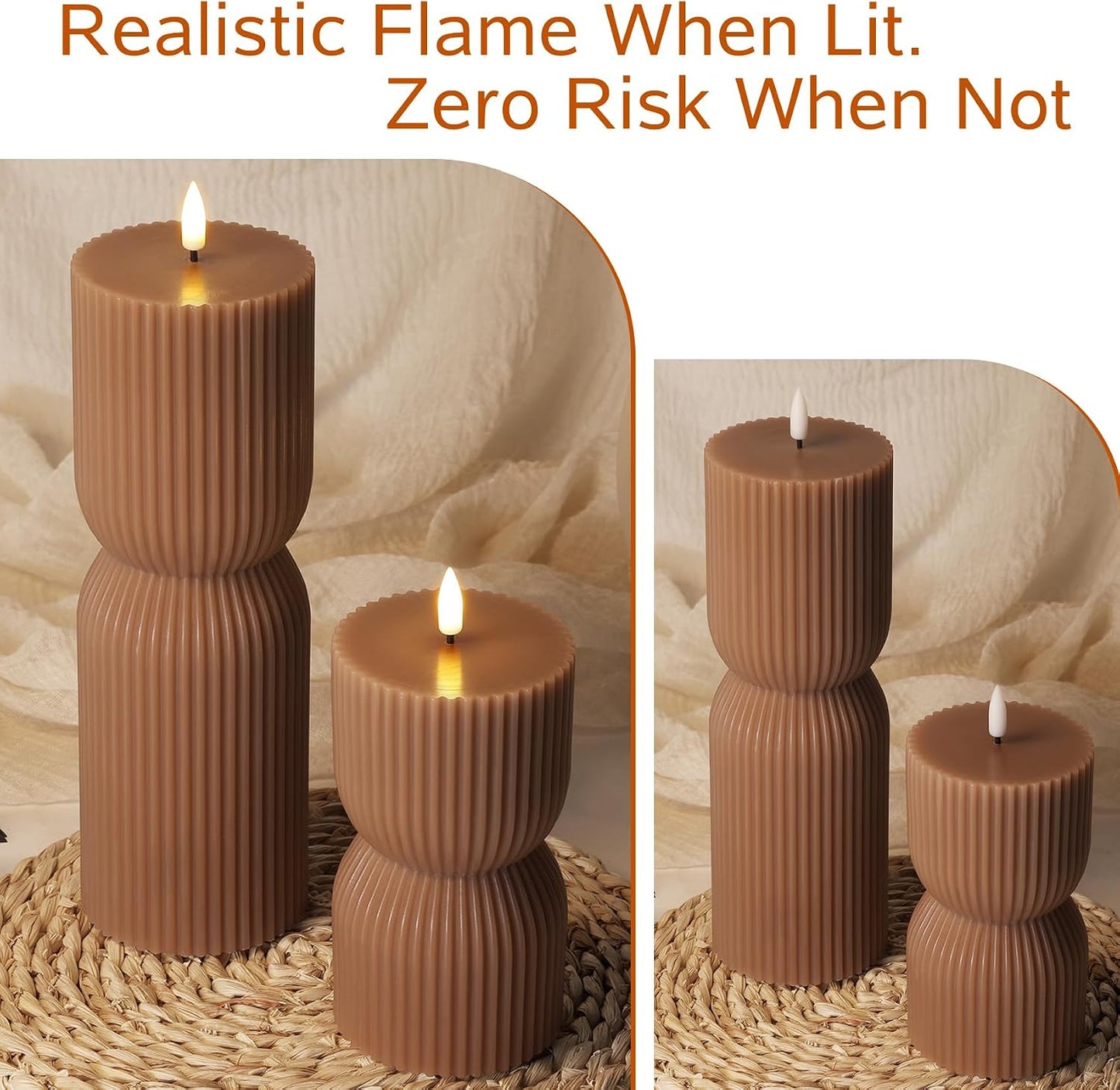 White Ribbed Flameless Pillar Candles with Remote, Real Wax Flickering Battery LED Candles Set of 2