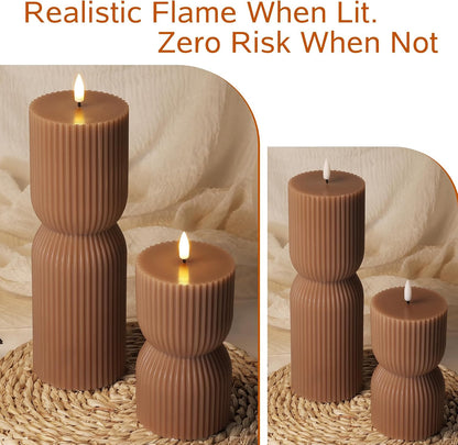 White Ribbed Flameless Pillar Candles with Remote, Real Wax Flickering Battery LED Candles Set of 2