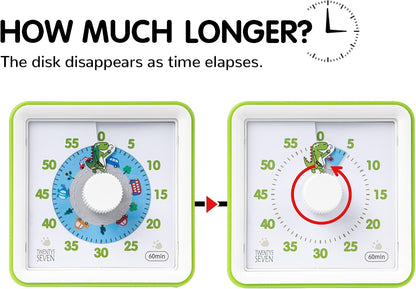Visual Timer with Protective Case, 60-Minute Countdown Timer for Kids Autism ADHD Classroom Home Office with, Countdown Clock for Teaching Work Meeting Time Managemen with Green Dinosaur Pattern