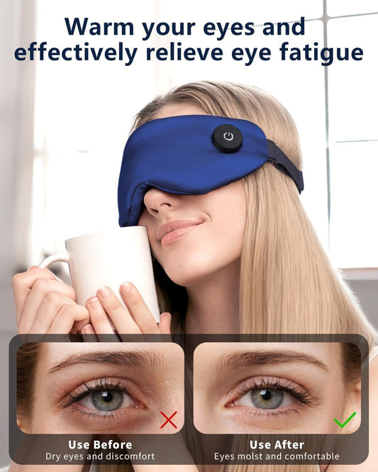 Heated Eye Mask for Dry Eyes – Cordless Warm Eye Compress, 100% Mulberry Silk Sleep Mask with Graphene Heating, 3 Heat Levels and Auto Shut-Off, Rechargeable and Washable