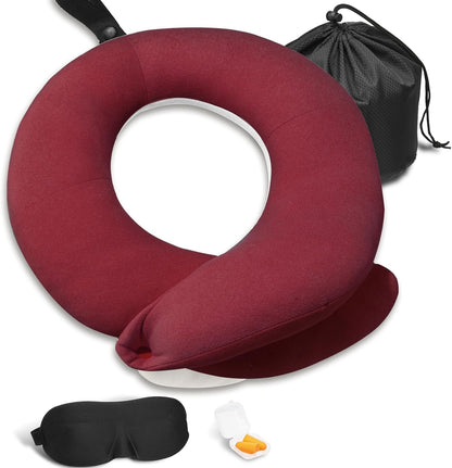 BUYUE Travel Neck Pillows for Airplanes, Memory Foam 360° Head Support Sleep for Long Flight, Skin-Friendly & Breathable, Kit with Eye Mask, Earplugs and Storage Bag (Adult, Grey, 90+ lbs)
