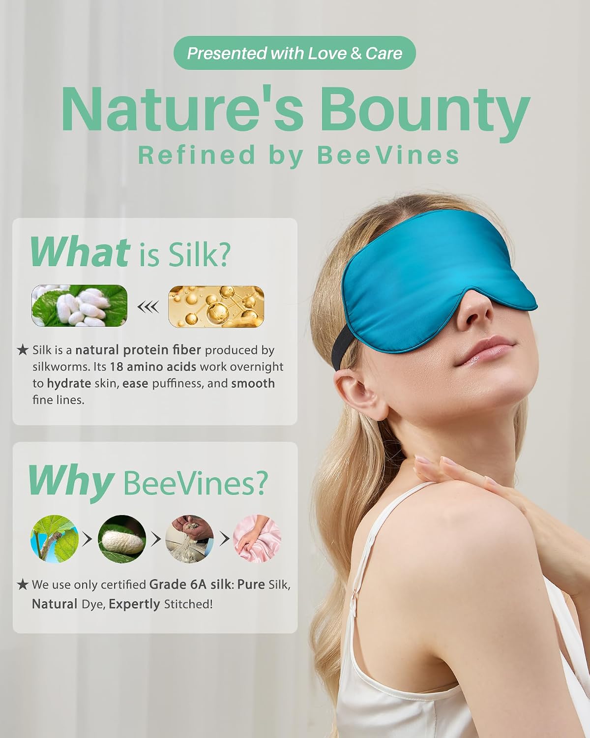 BeeVines 100% Real Mulberry Silk 2 Pack Sleep Mask, Natural Pure Silk Eye Masks with Adjustable Strap for Sleeping, Block Light Eye Sleep Shade Cover, Reduces Puffy Eyes Traveling Gifts
