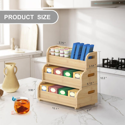 3-Tier Bamboo Tea Bag Organizer, Stackable Tea Holder for Countertop, Black