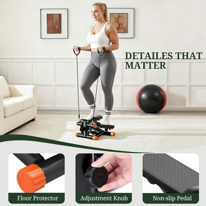 Mini Stair Steppers with Resistance Bands for Exercise at Home, Portable Exercise Twist Stepper Machine for Full Body Workout, Hydraulic Fitness Stepper with LCD Monitor, Black