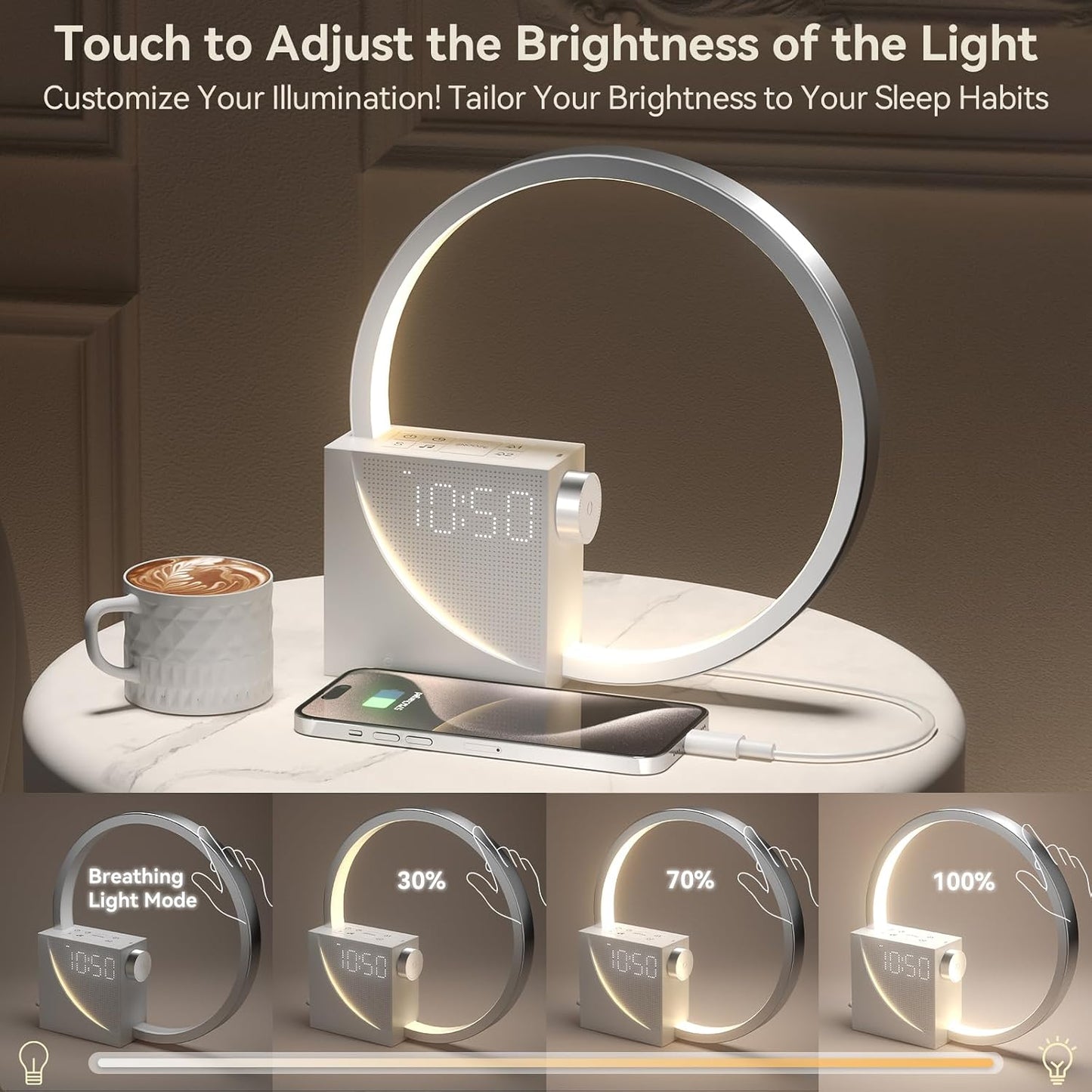 Vivilumens Sunrise Alarm Clock Sound Machine Nightlight, Gradual Wake Up Light, Digital Dimmable Clock, 10 White Noise Sleep Sounds, Snooze, Dual Clocks for Heavy Sleeper Adult, Decor Gifts for Women