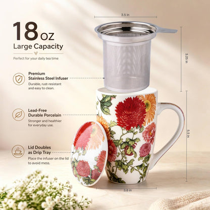 AmorArc 18oz Porcelain Tea Mug with Infuser & Lid, Loose Leaf Tea Cup with Stainless Steel Strainer, Large Coffee Mug Gift for Women, Tea Lovers, Home & Office