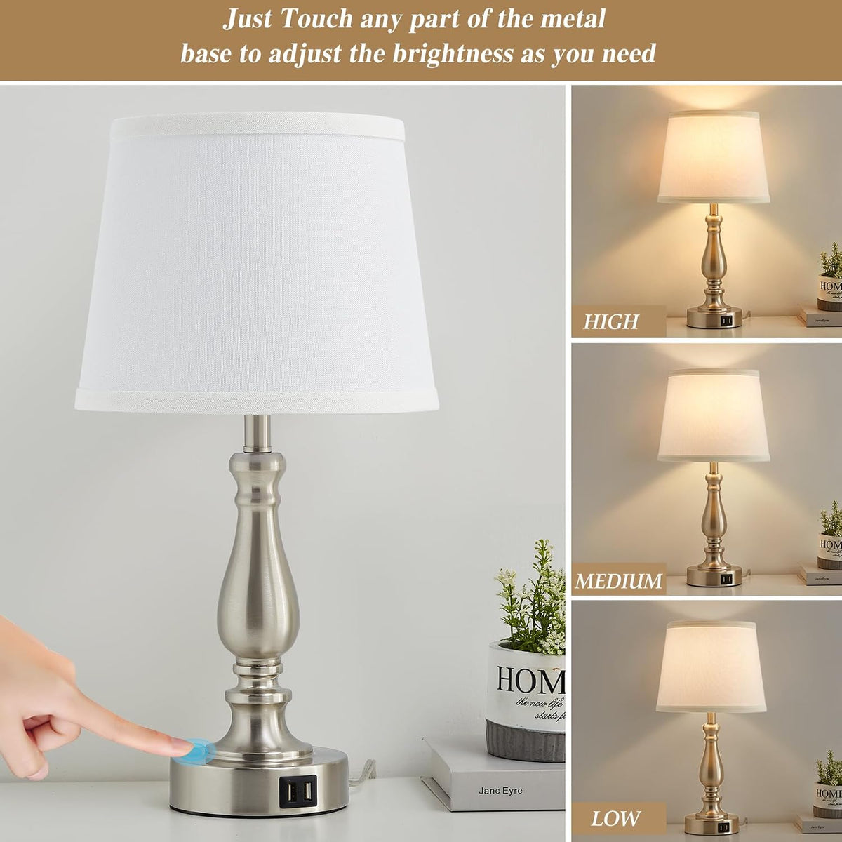 EJIAXIN Lamps for Bedrooms Set of 2, Brushed Nickel Bedside Lamps with USB C+A Ports,Dimmable Nightstand Lamps with Fabric Lampshade, Touch Table Lamp for Living Room Bedroom Office, Bulbs Included